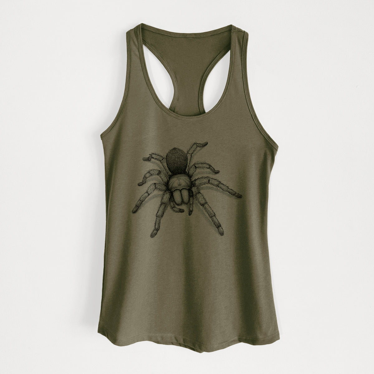 Military green women's racerback tank top laid flat, printed with a detailed black ink illustration of a desert blonde tarantula.