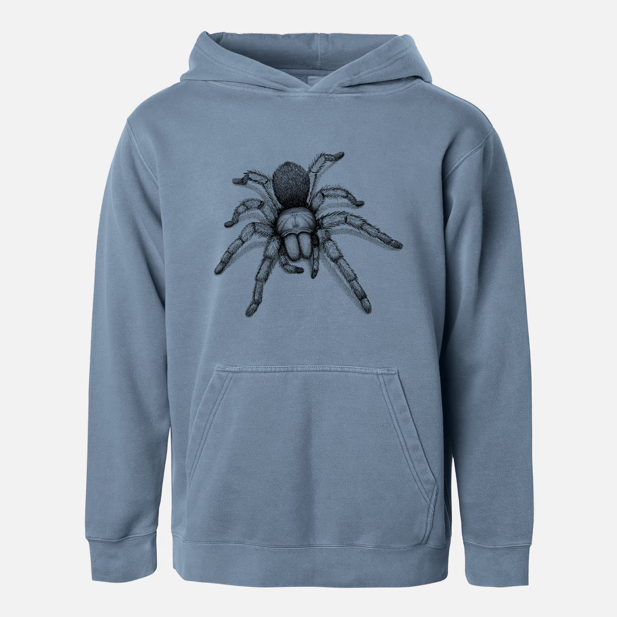 Slate blue youth pigment dyed hoodie laid flat, printed with a detailed black ink illustration of a desert blonde tarantula.
