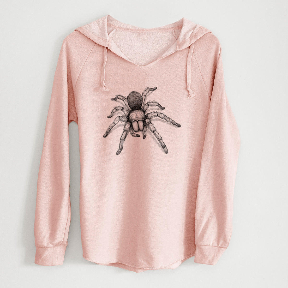 Blush pink women's Cali Wave hooded sweatshirt laid flat, printed with a detailed black ink illustration of a desert blonde tarantula.