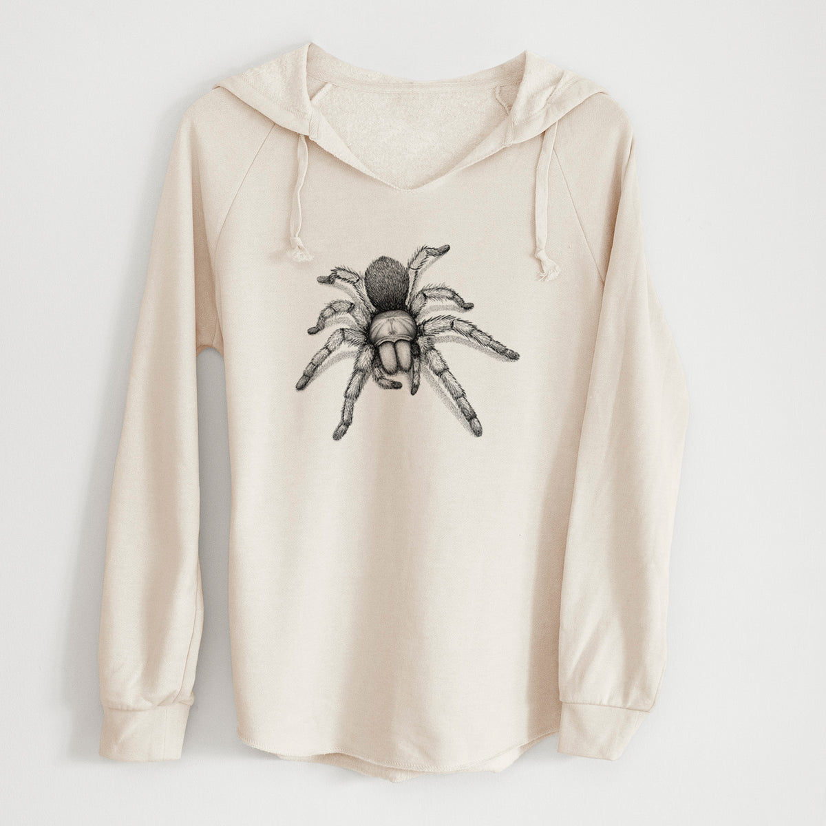 Bone cream women's Cali Wave hooded sweatshirt laid flat, printed with a detailed black ink illustration of a desert blonde tarantula.