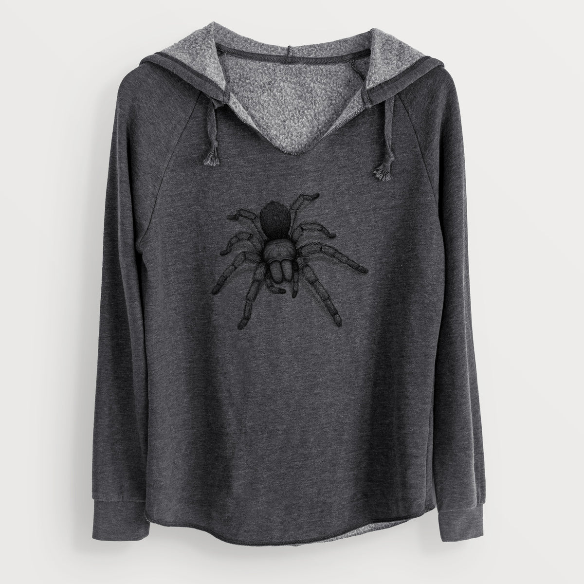 Charcoal grey women's Cali Wave hooded sweatshirt laid flat, printed with a detailed black ink illustration of a desert blonde tarantula.