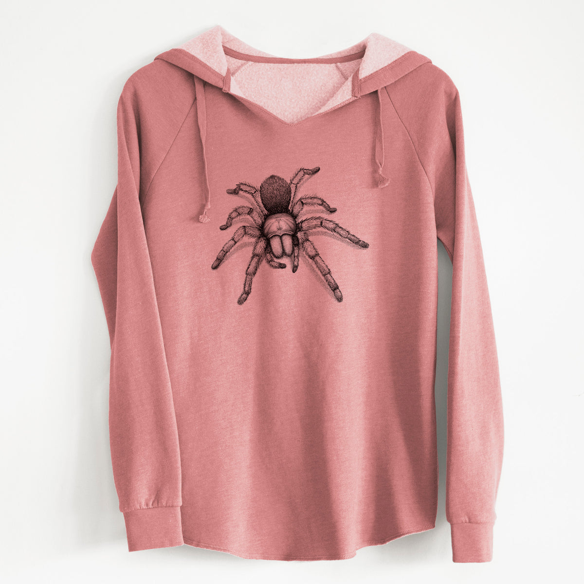 Dusty rose women's Cali Wave hooded sweatshirt laid flat, printed with a detailed black ink illustration of a desert blonde tarantula.
