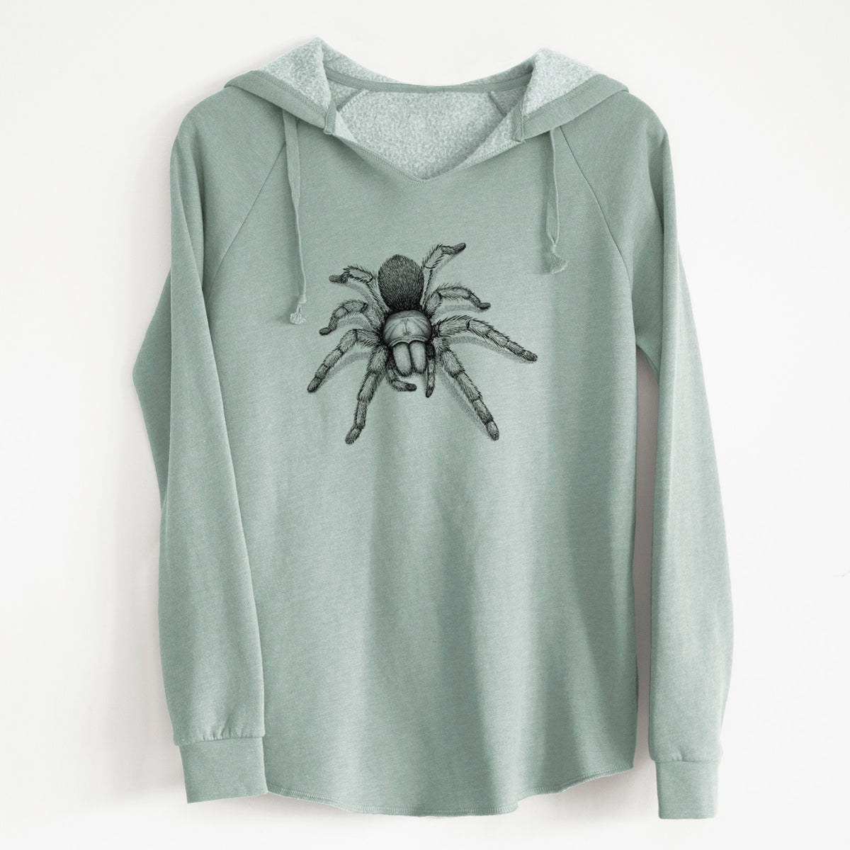Sage green women's Cali Wave hooded sweatshirt laid flat, printed with a detailed black ink illustration of a desert blonde tarantula.