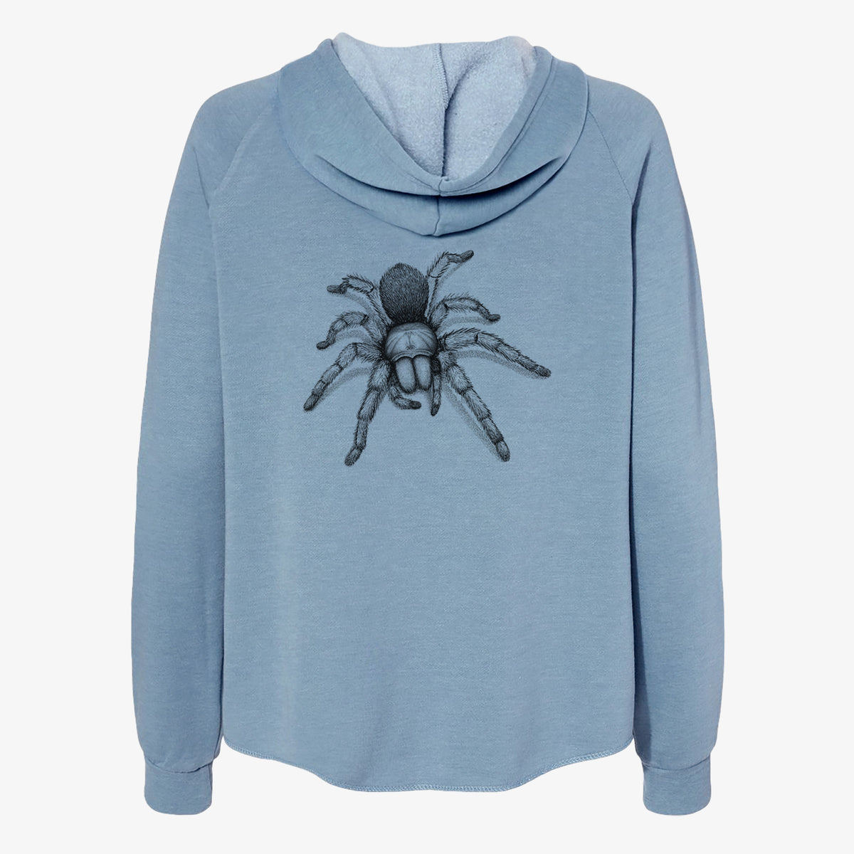 Misty blue women's Cali Wave zip-up sweatshirt laid flat, printed with a detailed black ink illustration of a desert blonde tarantula.