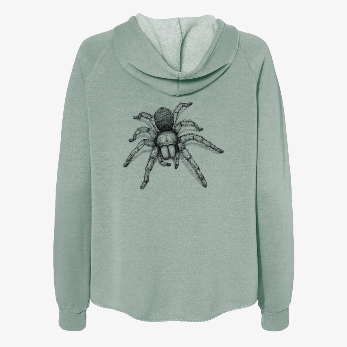 Sage green women's Cali Wave zip-up sweatshirt laid flat, printed with a detailed black ink illustration of a desert blonde tarantula.