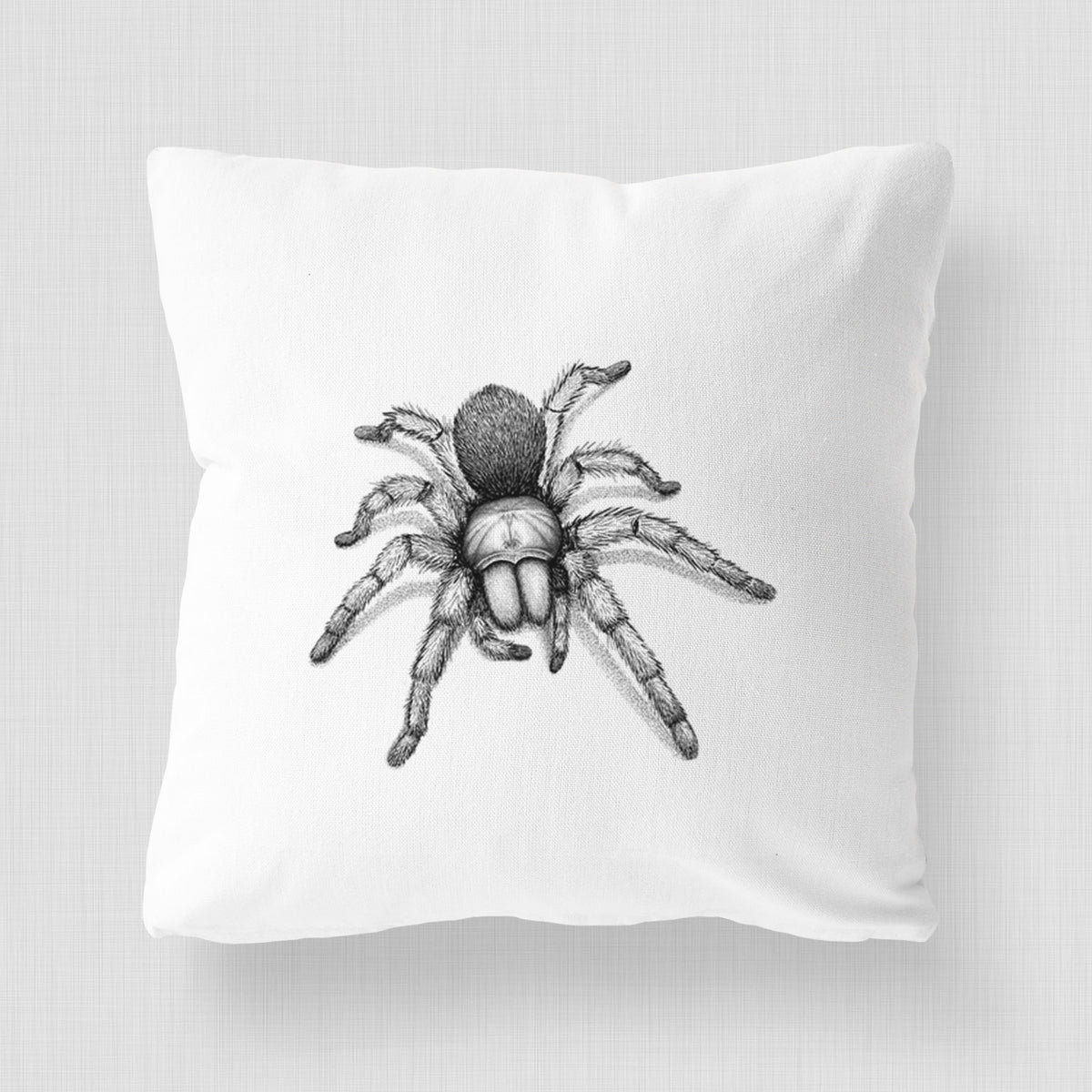 White pillow cover printed with a detailed black ink illustration of a desert blonde tarantula.