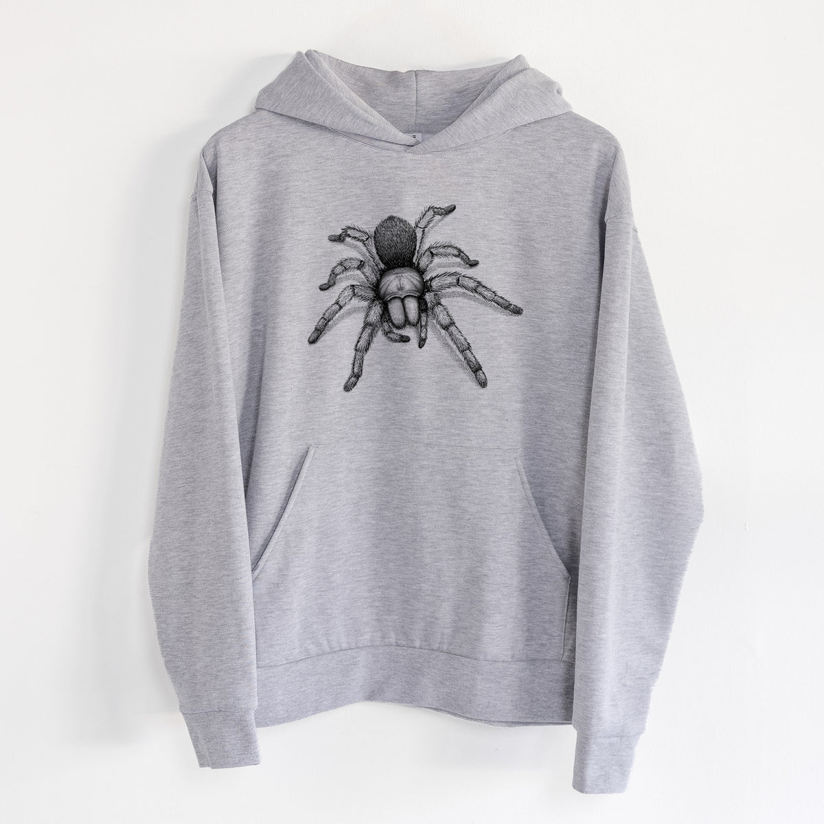 Desert Blonde Tarantula - Aphonopelma chalcodes - Statement Midweight Hoodie in Heather Grey, hanging on a white wall, with a front kangaroo pocket and no drawcords.