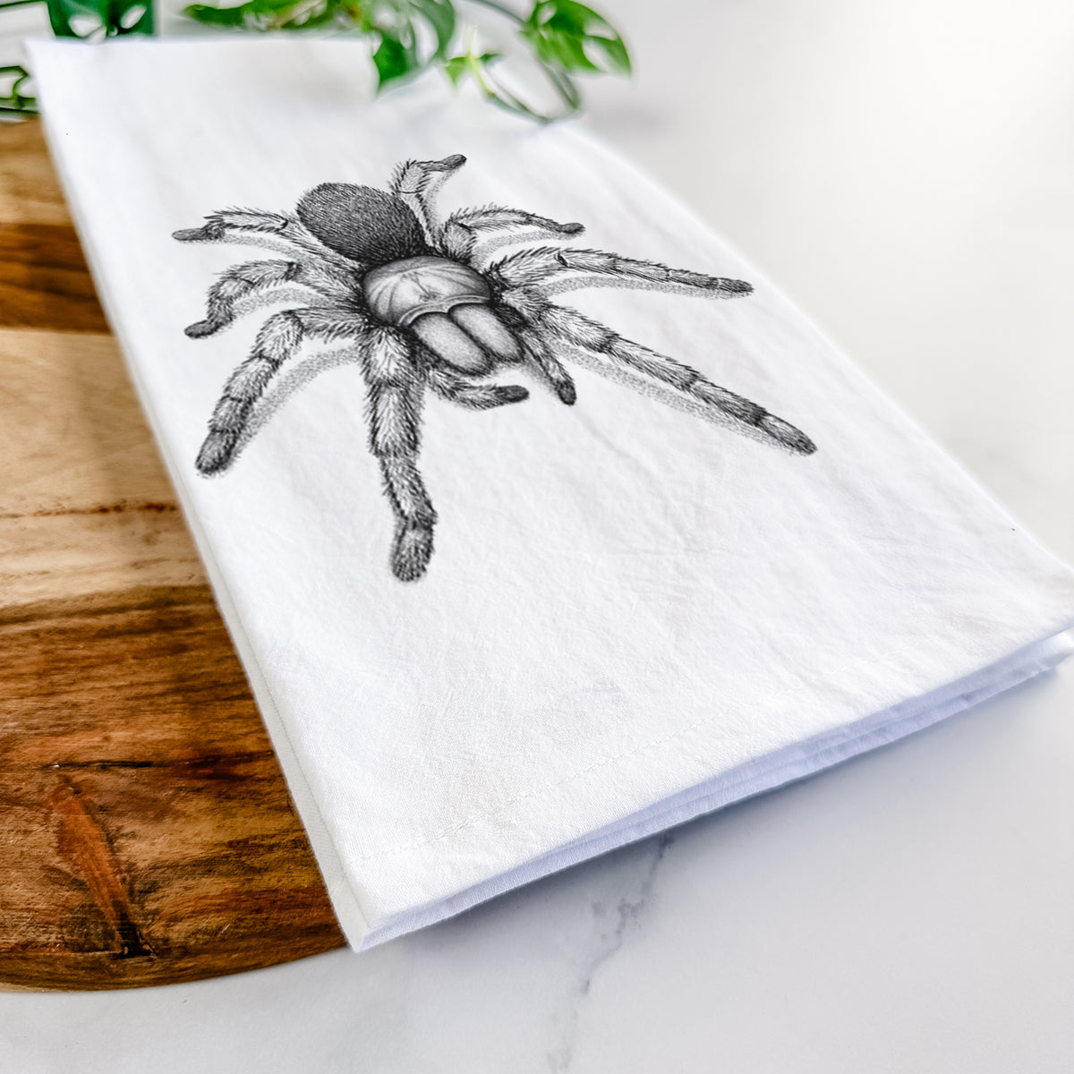 Close-up of a folded white tea towel on a wooden board, showing a detailed black ink illustration of a desert blonde tarantula.