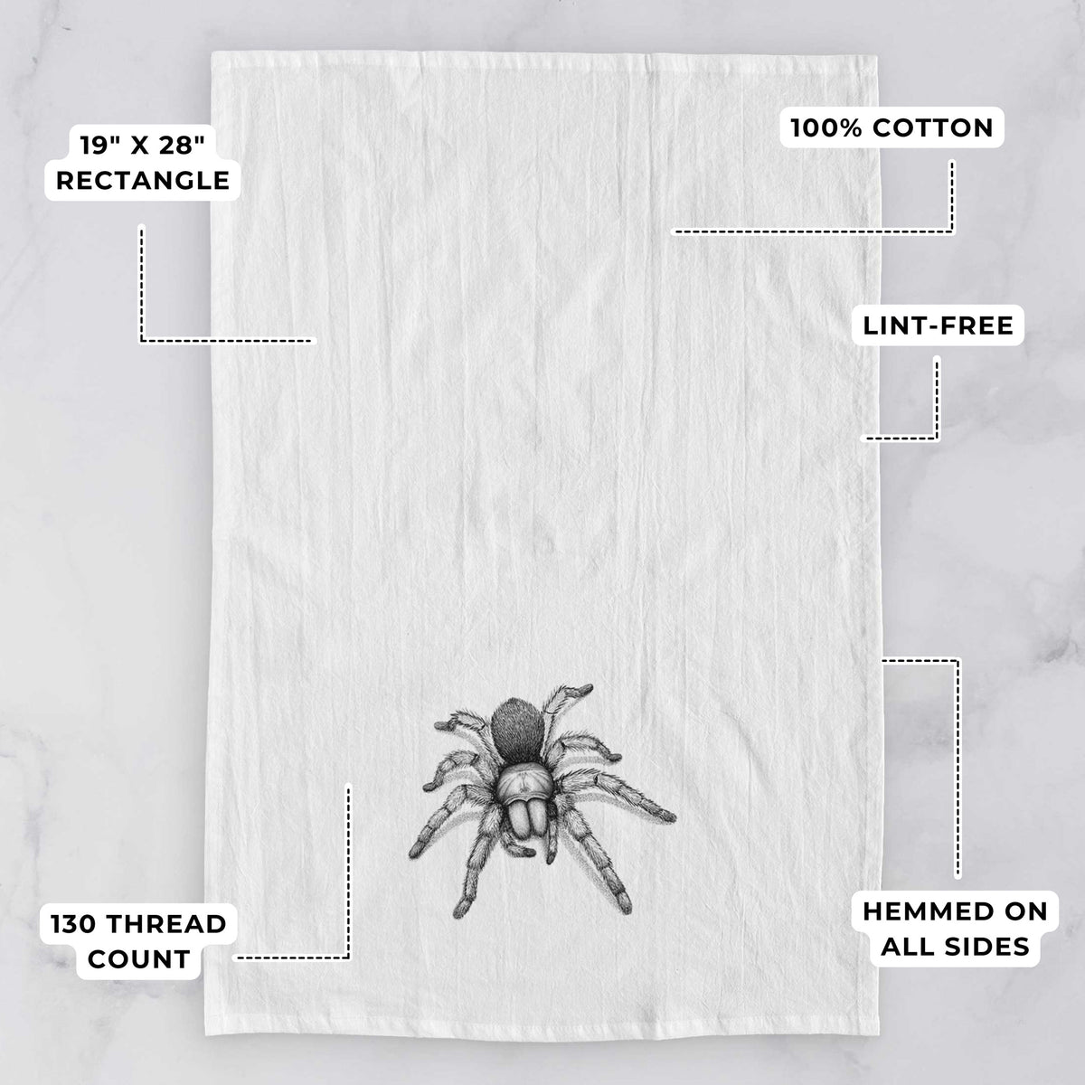 White tea towel printed with a detailed black ink illustration of a desert blonde tarantula, with feature labels: 19 by 28 inch rectangle, 100% cotton, lint-free, 130 thread count, hemmed on all sides.