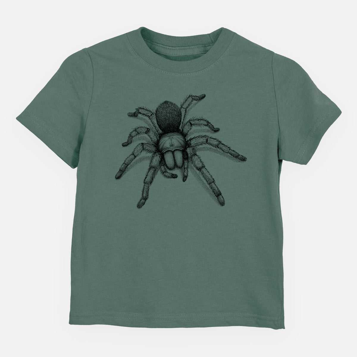 Basil green toddler t-shirt laid flat, printed with a detailed black ink illustration of a desert blonde tarantula.