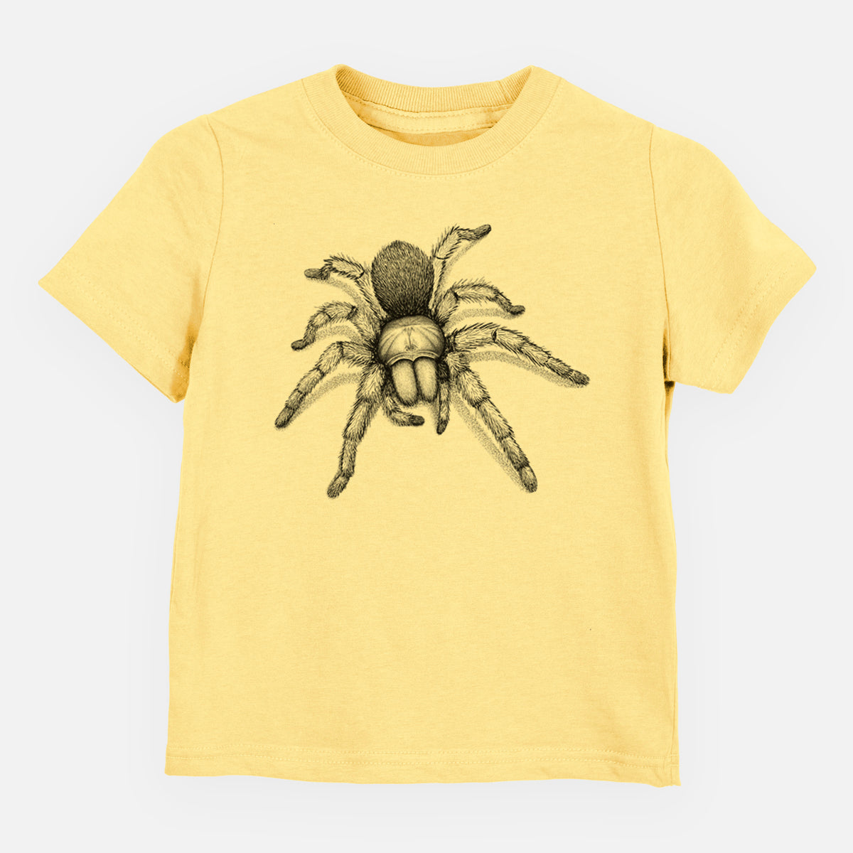 Butter yellow toddler t-shirt laid flat, printed with a detailed black ink illustration of a desert blonde tarantula.