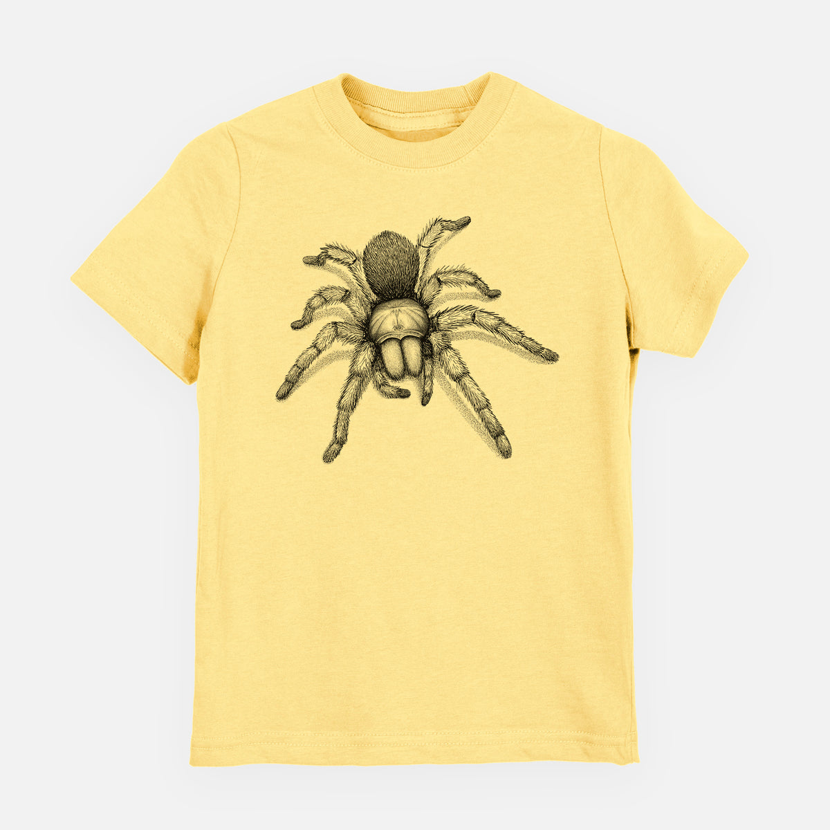 Butter yellow youth t-shirt laid flat, printed with a detailed black ink illustration of a desert blonde tarantula.