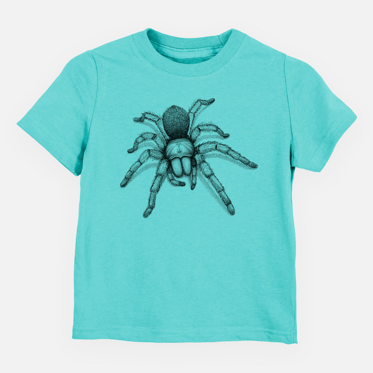 Caribbean blue toddler t-shirt laid flat, printed with a detailed black ink illustration of a desert blonde tarantula.