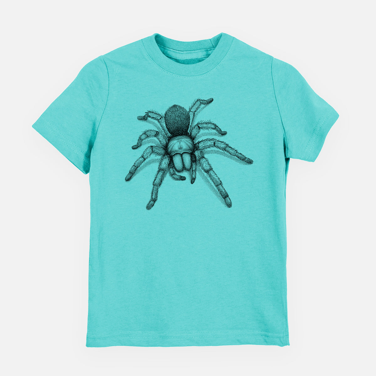 Caribbean blue youth t-shirt laid flat, printed with a detailed black ink illustration of a desert blonde tarantula.