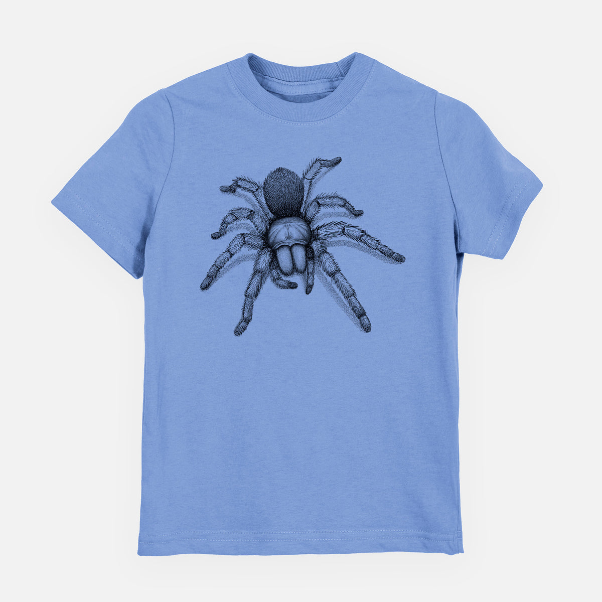 Carolina blue youth t-shirt laid flat, printed with a detailed black ink illustration of a desert blonde tarantula.