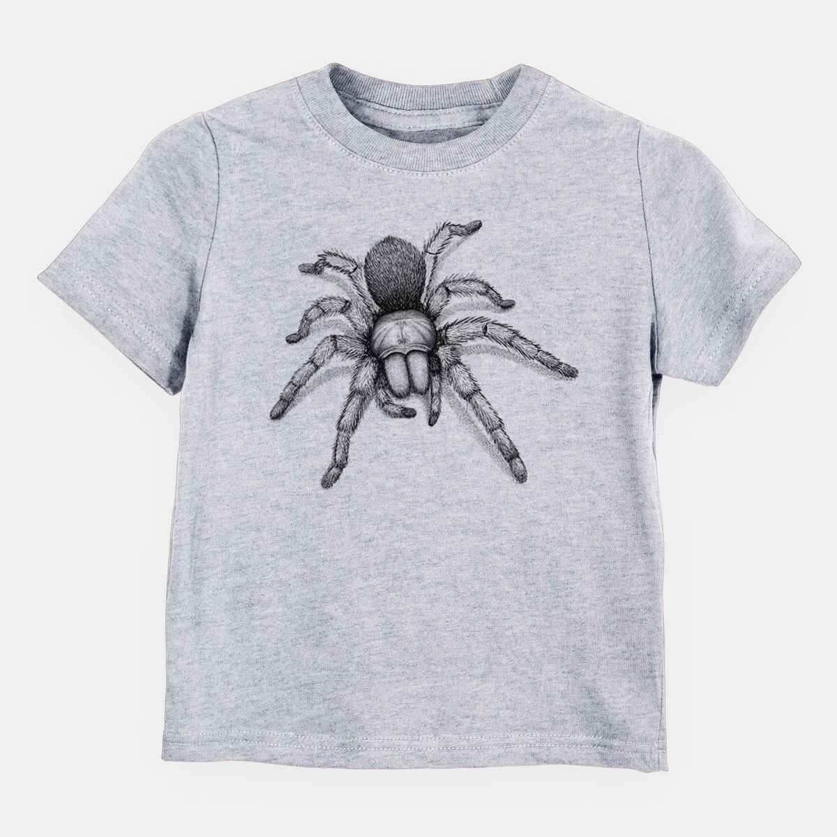 Heather grey toddler t-shirt laid flat, printed with a detailed black ink illustration of a desert blonde tarantula.