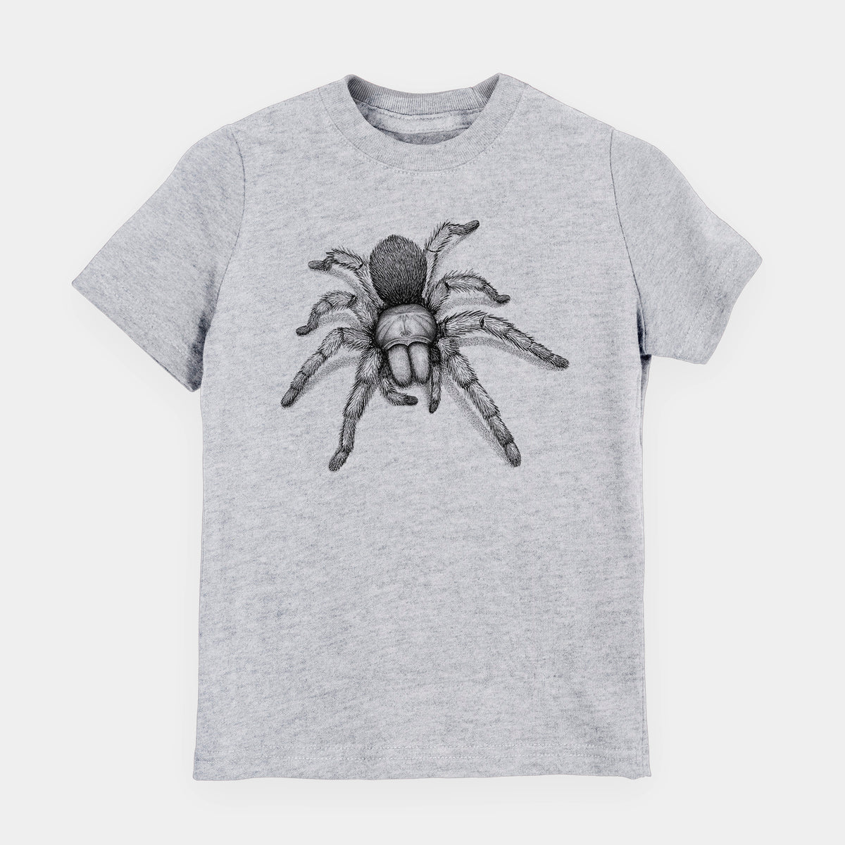 Heather grey youth t-shirt laid flat, printed with a detailed black ink illustration of a desert blonde tarantula.