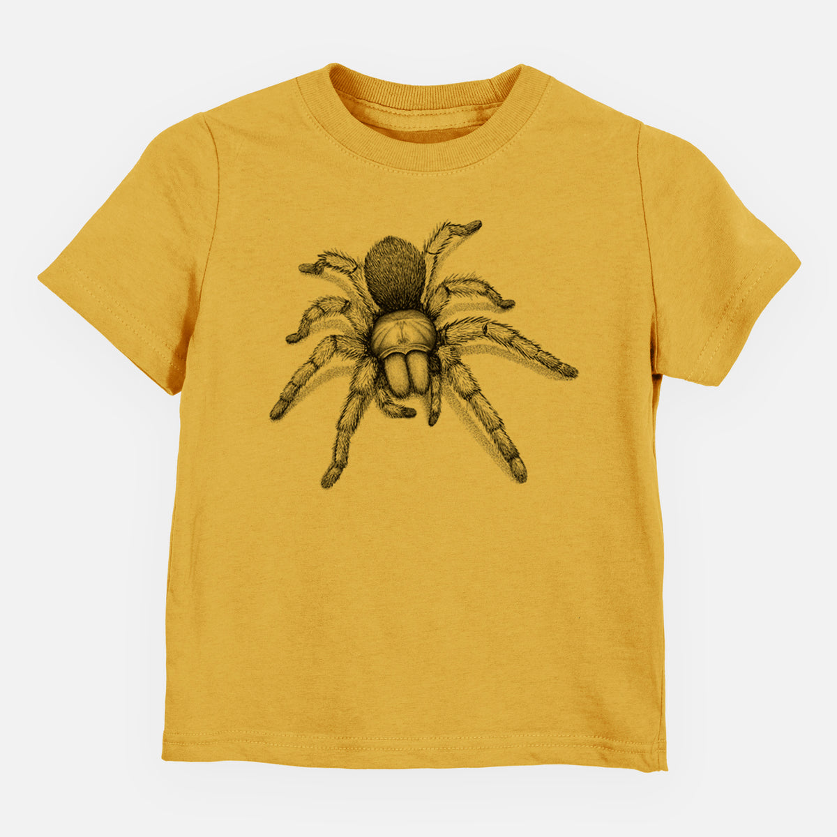 Honeycomb yellow toddler t-shirt laid flat, printed with a detailed black ink illustration of a desert blonde tarantula.