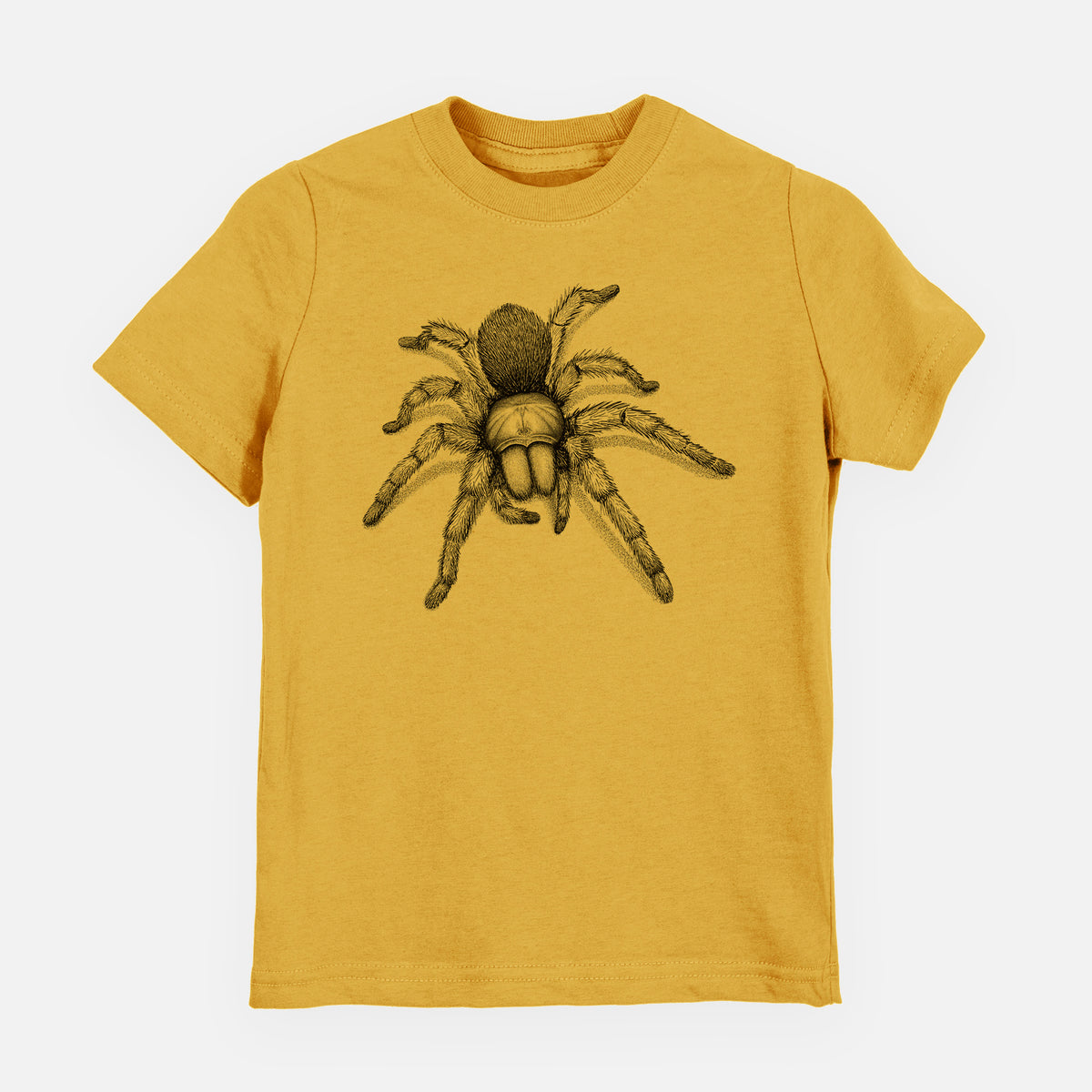 Honeycomb yellow youth t-shirt laid flat, printed with a detailed black ink illustration of a desert blonde tarantula.