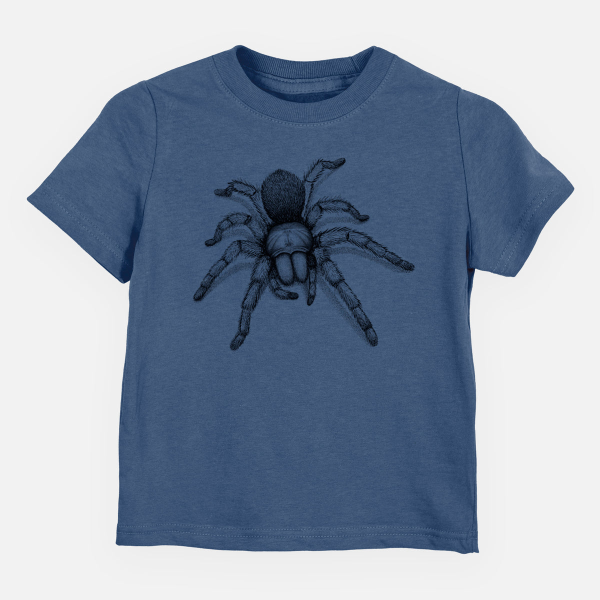 Indigo blue toddler t-shirt laid flat, printed with a detailed black ink illustration of a desert blonde tarantula.