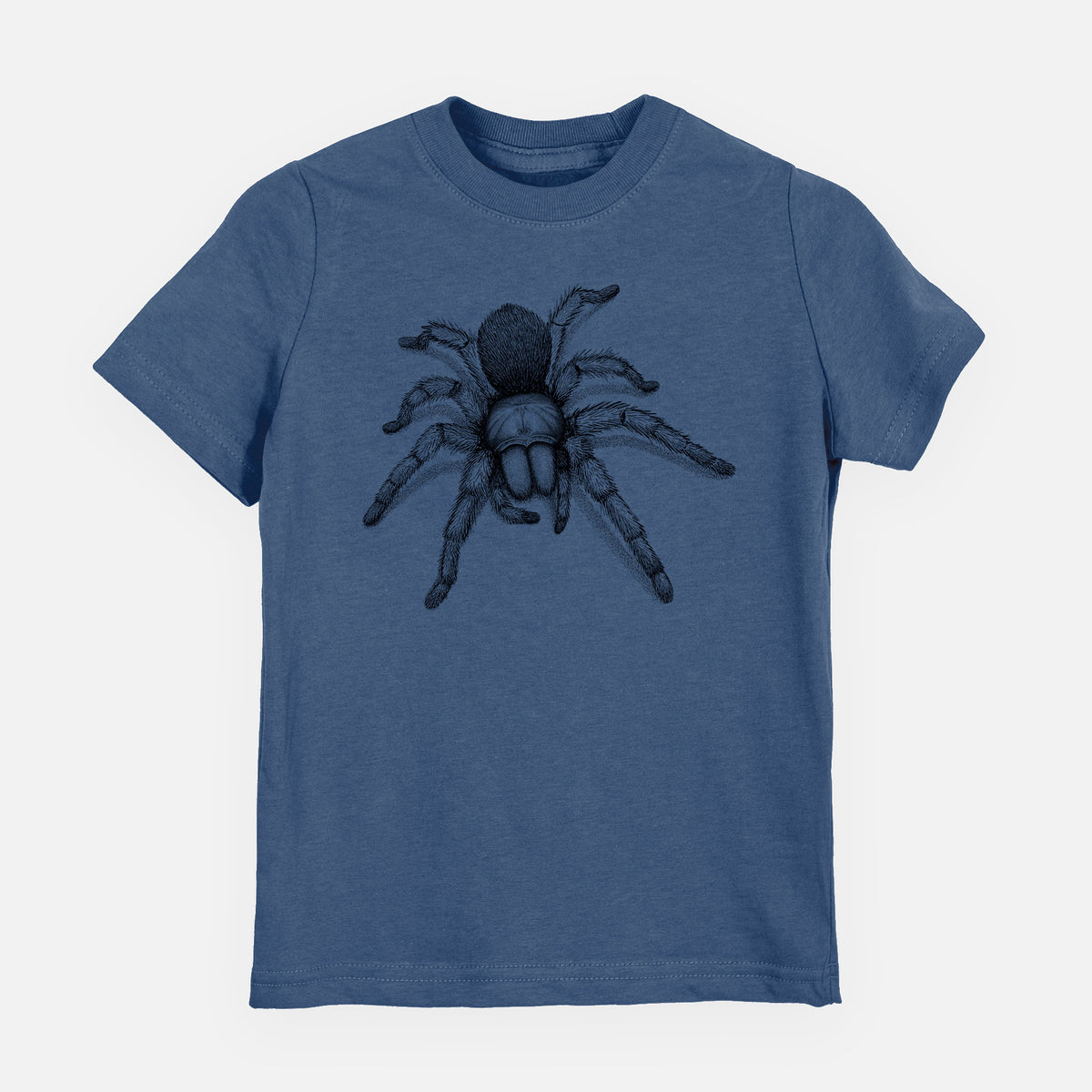 Indigo blue youth t-shirt laid flat, printed with a detailed black ink illustration of a desert blonde tarantula.