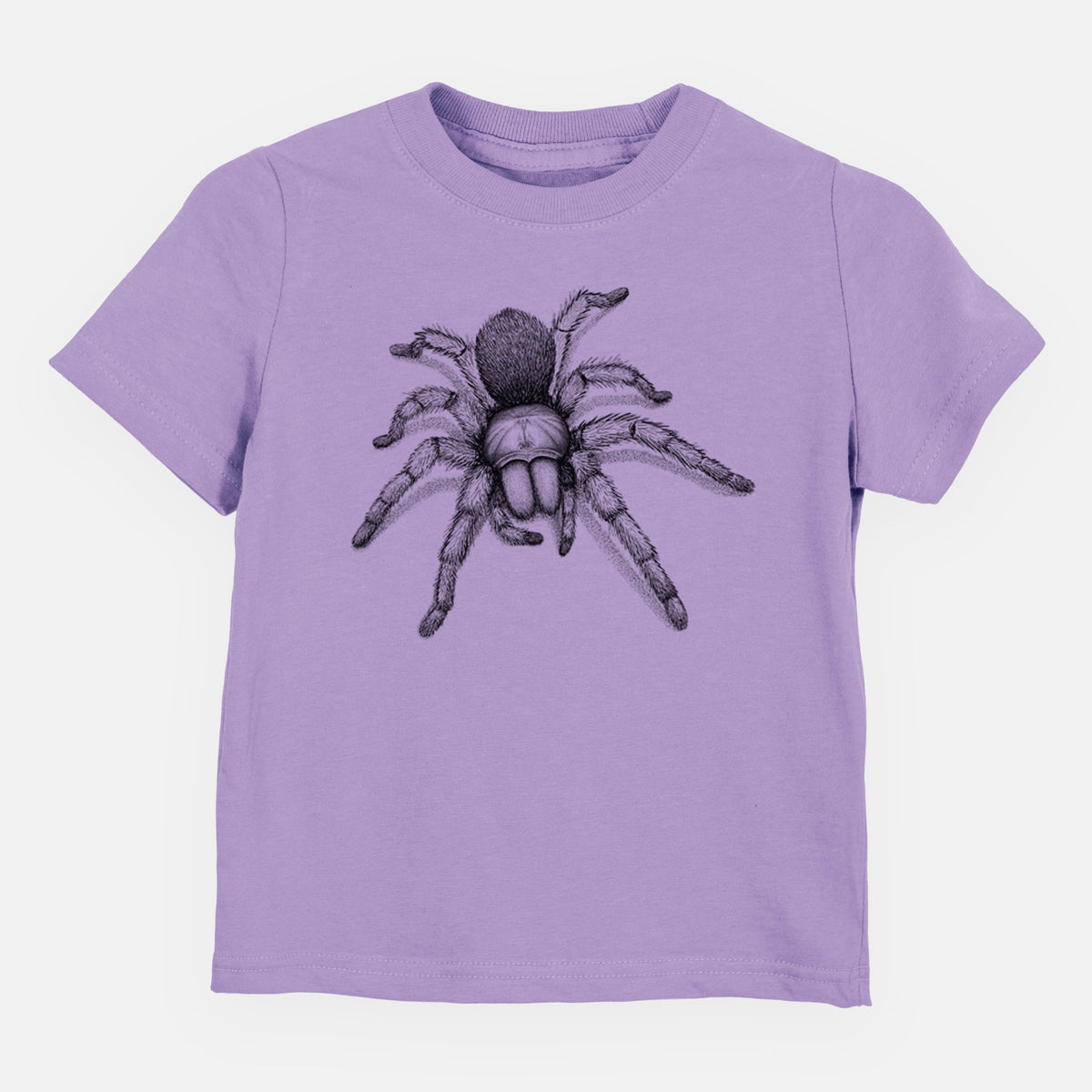 Lavender toddler t-shirt laid flat, printed with a detailed black ink illustration of a desert blonde tarantula.