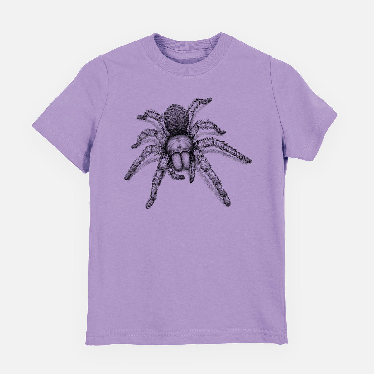 Lavender youth t-shirt laid flat, printed with a detailed black ink illustration of a desert blonde tarantula.