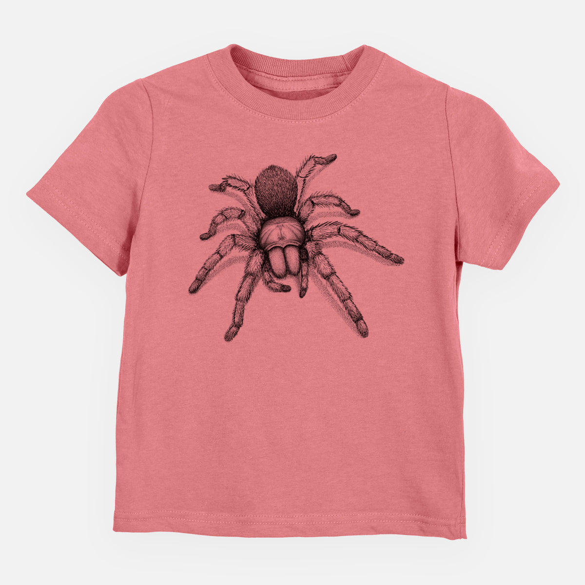 Mauve pink toddler t-shirt laid flat, printed with a detailed black ink illustration of a desert blonde tarantula.