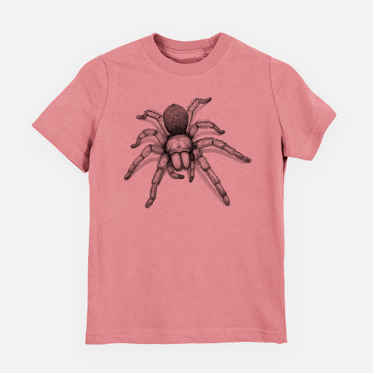 Mauve pink youth t-shirt laid flat, printed with a detailed black ink illustration of a desert blonde tarantula.