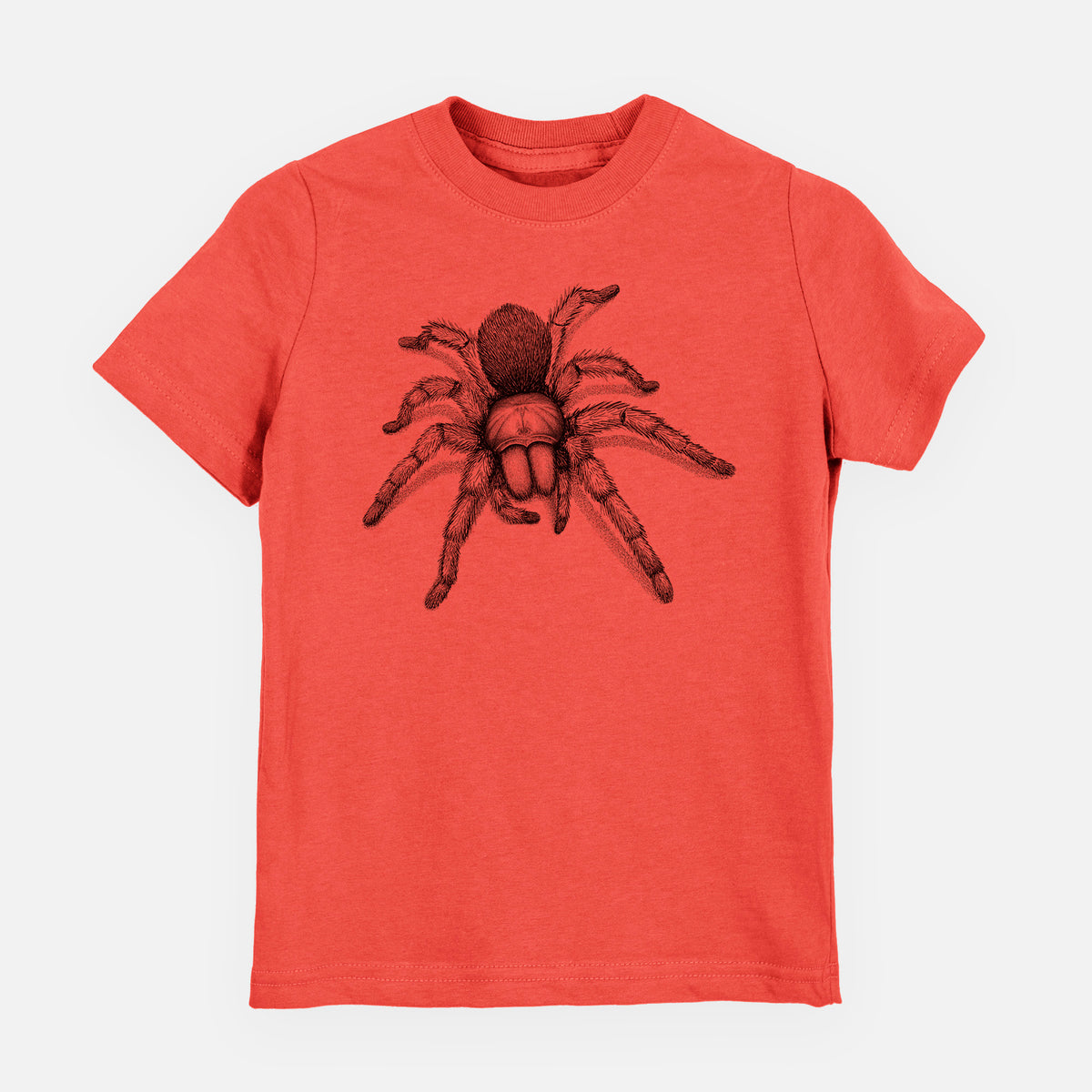 Passionfruit pink youth t-shirt laid flat, printed with a detailed black ink illustration of a desert blonde tarantula.