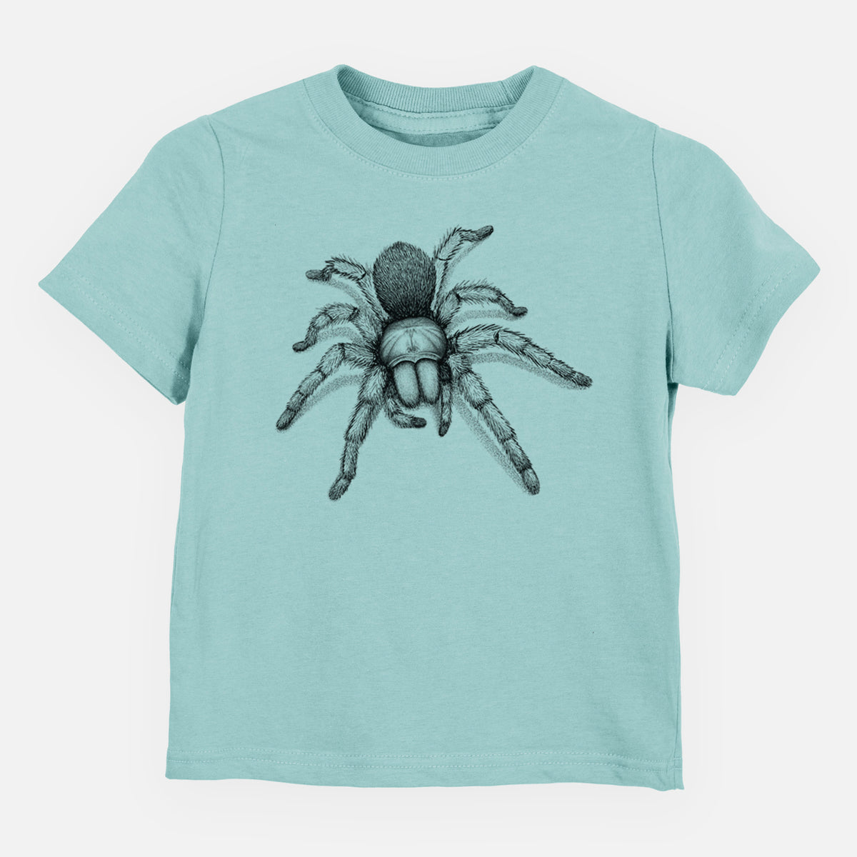 Saltwater toddler t-shirt laid flat, printed with a detailed black ink illustration of a desert blonde tarantula.