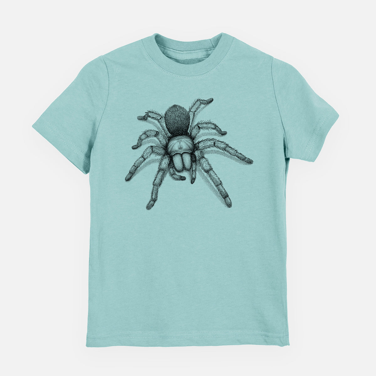 Saltwater youth t-shirt laid flat, printed with a detailed black ink illustration of a desert blonde tarantula.
