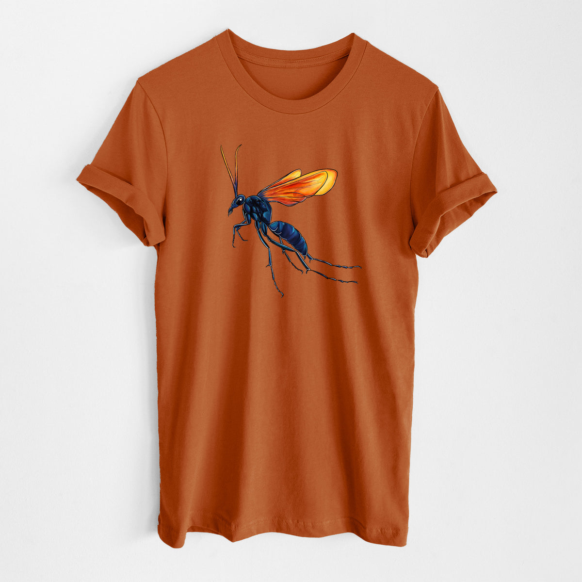 Autumn lightweight cotton t-shirt laid flat, printed with a full-color illustration of a tarantula hawk wasp with a blue body and orange wings.