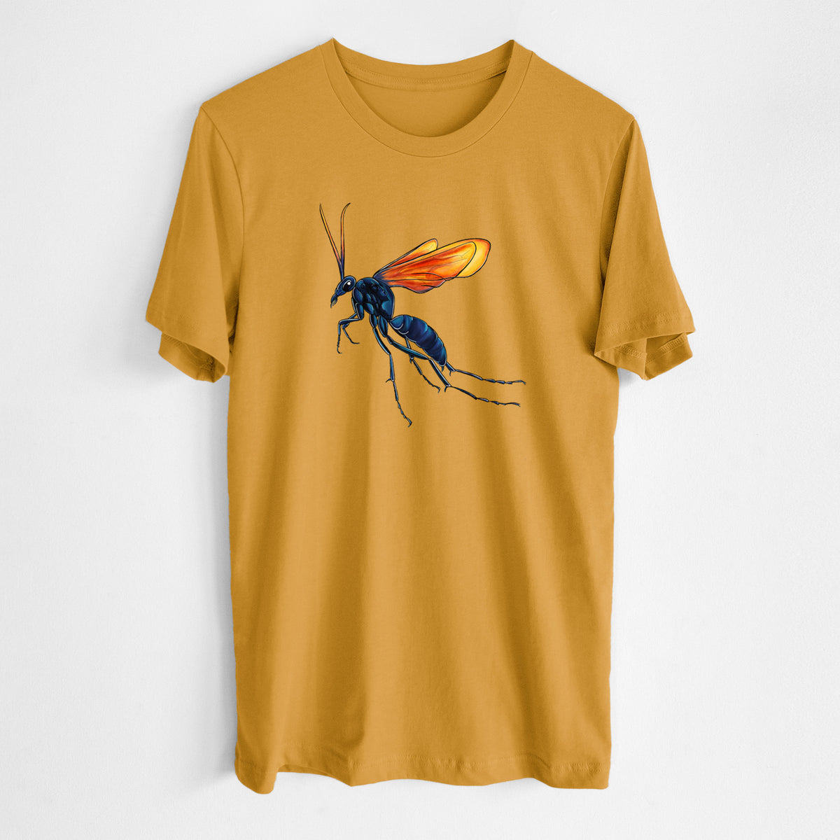 Honeycomb yellow lightweight cotton t-shirt laid flat, printed with a full-color illustration of a tarantula hawk wasp with a blue body and orange wings.