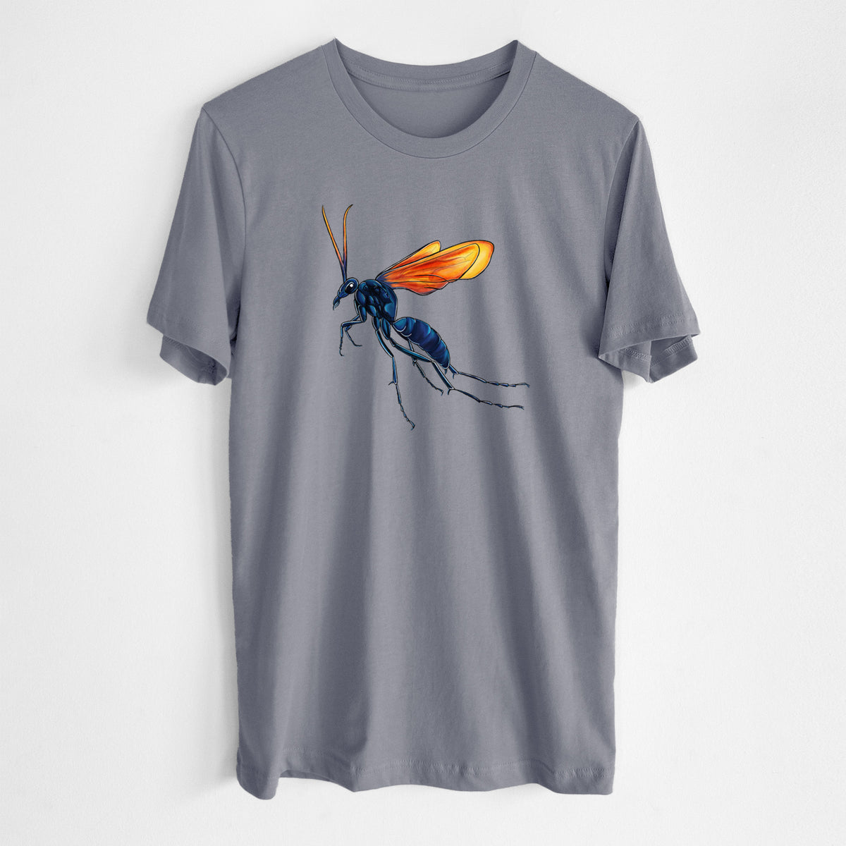 Storm grey lightweight cotton t-shirt laid flat, printed with a full-color illustration of a tarantula hawk wasp with a blue body and orange wings.
