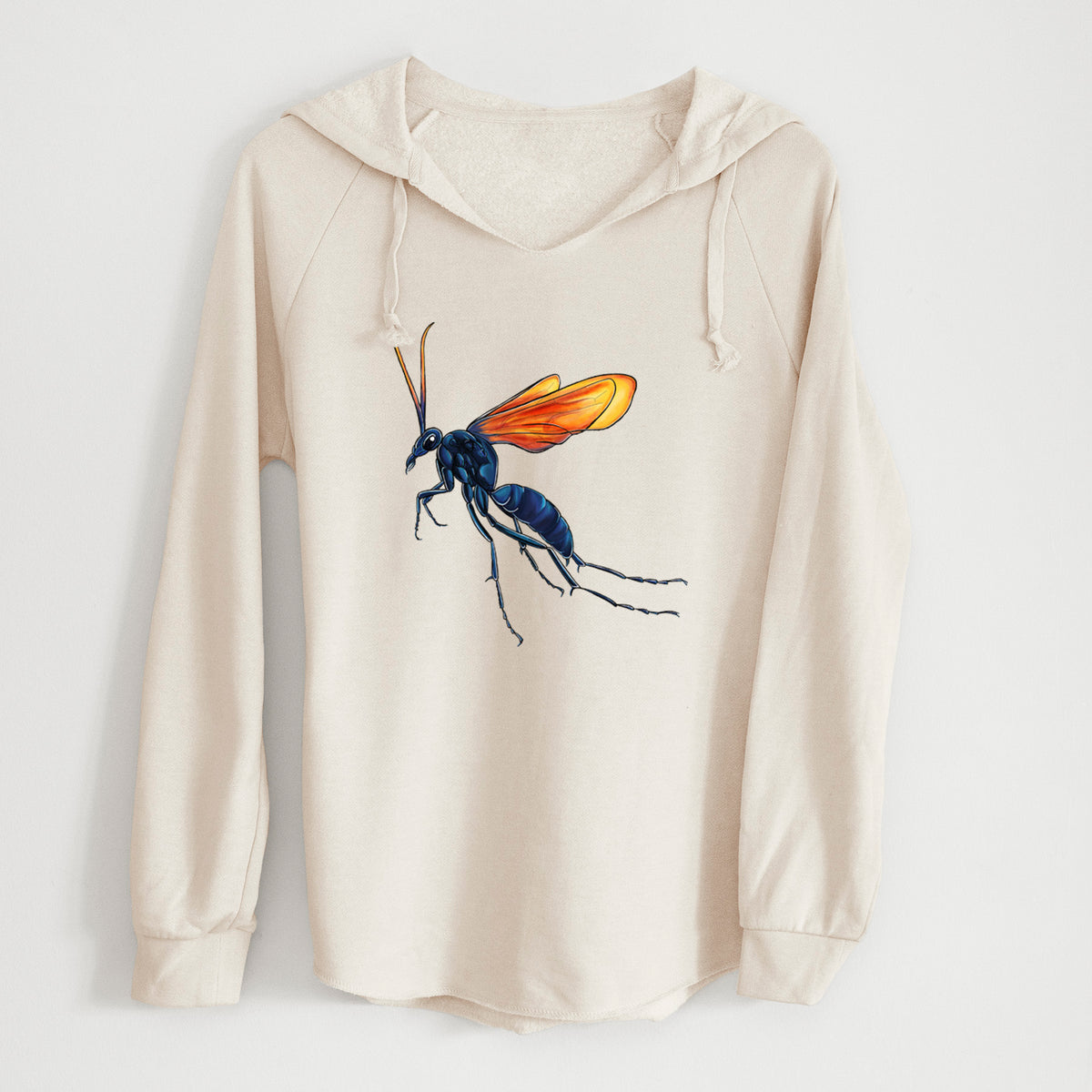 Bone cream women's Cali Wave hooded sweatshirt laid flat, printed with a full-color illustration of a tarantula hawk wasp with a blue body and orange wings.