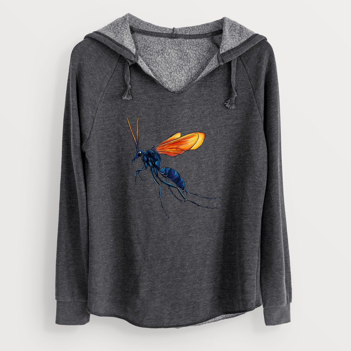 Charcoal grey women's Cali Wave hooded sweatshirt laid flat, printed with a full-color illustration of a tarantula hawk wasp with a blue body and orange wings.