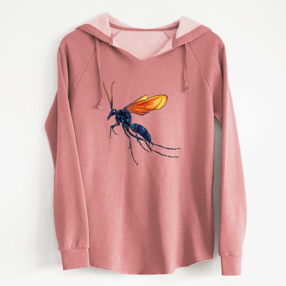 Dusty rose women's Cali Wave hooded sweatshirt laid flat, printed with a full-color illustration of a tarantula hawk wasp with a blue body and orange wings.