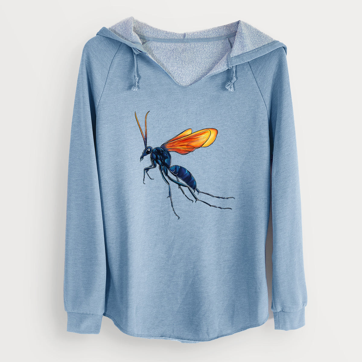 Misty blue women's Cali Wave hooded sweatshirt laid flat, printed with a full-color illustration of a tarantula hawk wasp with a blue body and orange wings.