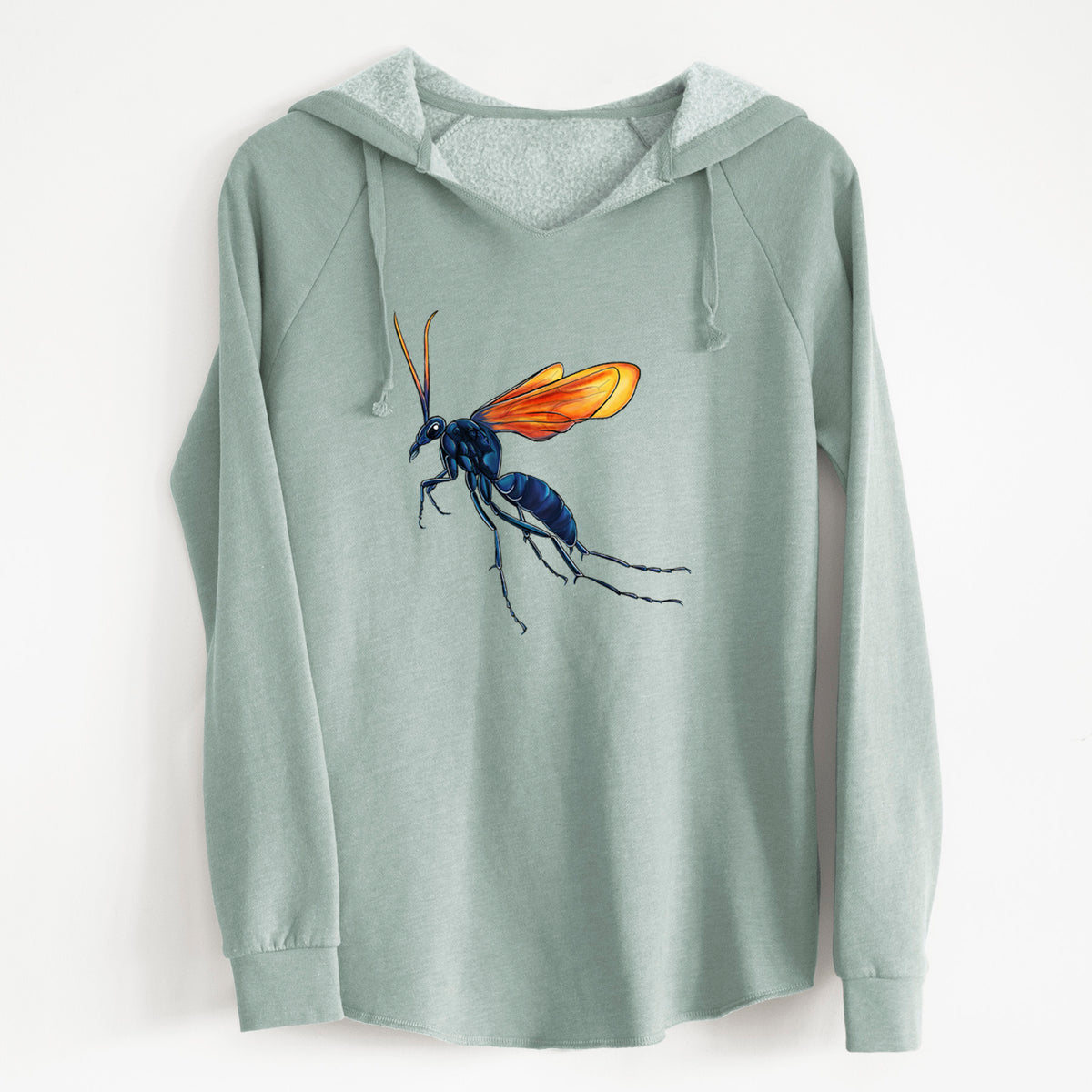 Sage green women's Cali Wave hooded sweatshirt laid flat, printed with a full-color illustration of a tarantula hawk wasp with a blue body and orange wings.