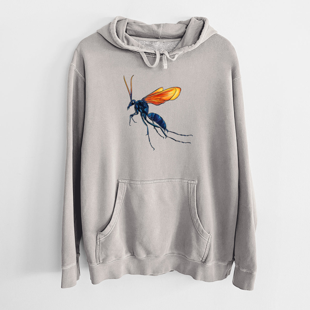 Cement grey pigment dyed hoodie laid flat, printed with a full-color illustration of a tarantula hawk wasp with a blue body and orange wings.