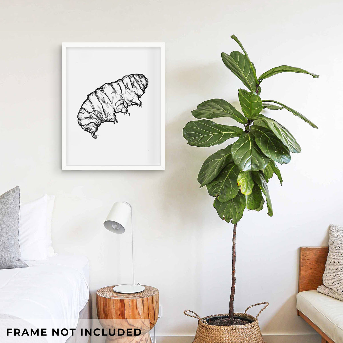 Art print of a detailed black ink illustration of a tardigrade, or water bear, shown framed on a living room wall beside a potted plant. Frame not included.