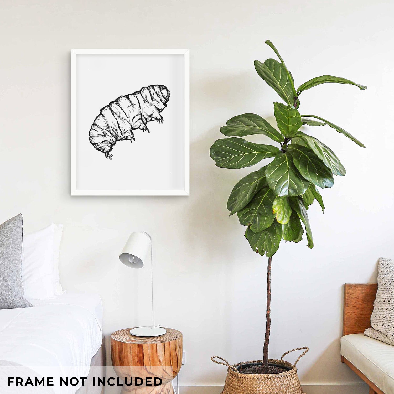 Art print of a detailed black ink illustration of a tardigrade, or water bear, shown with eucalyptus leaves.