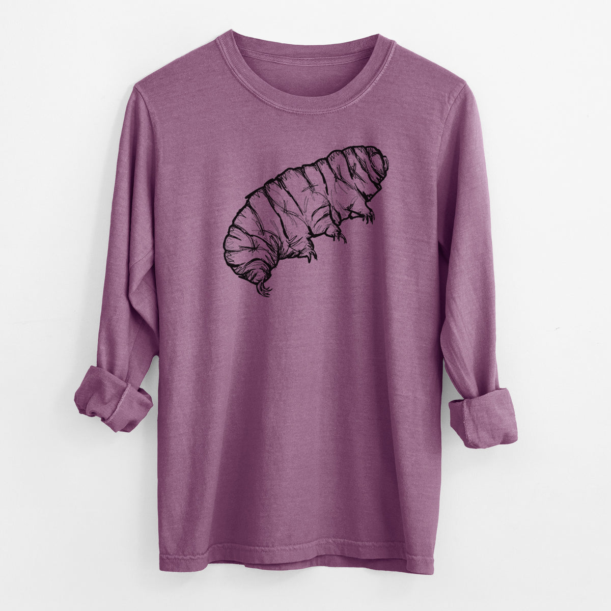 Berry pink Comfort Colors long sleeve shirt laid flat with the cuffs rolled, printed with a detailed black ink illustration of a tardigrade, or water bear.