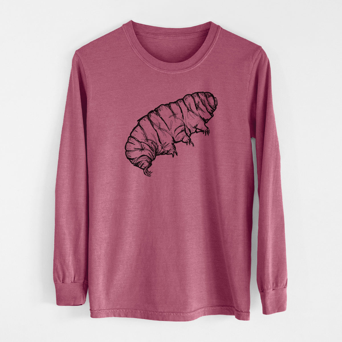 Crimson Comfort Colors long sleeve shirt laid flat, printed with a detailed black ink illustration of a tardigrade, or water bear.