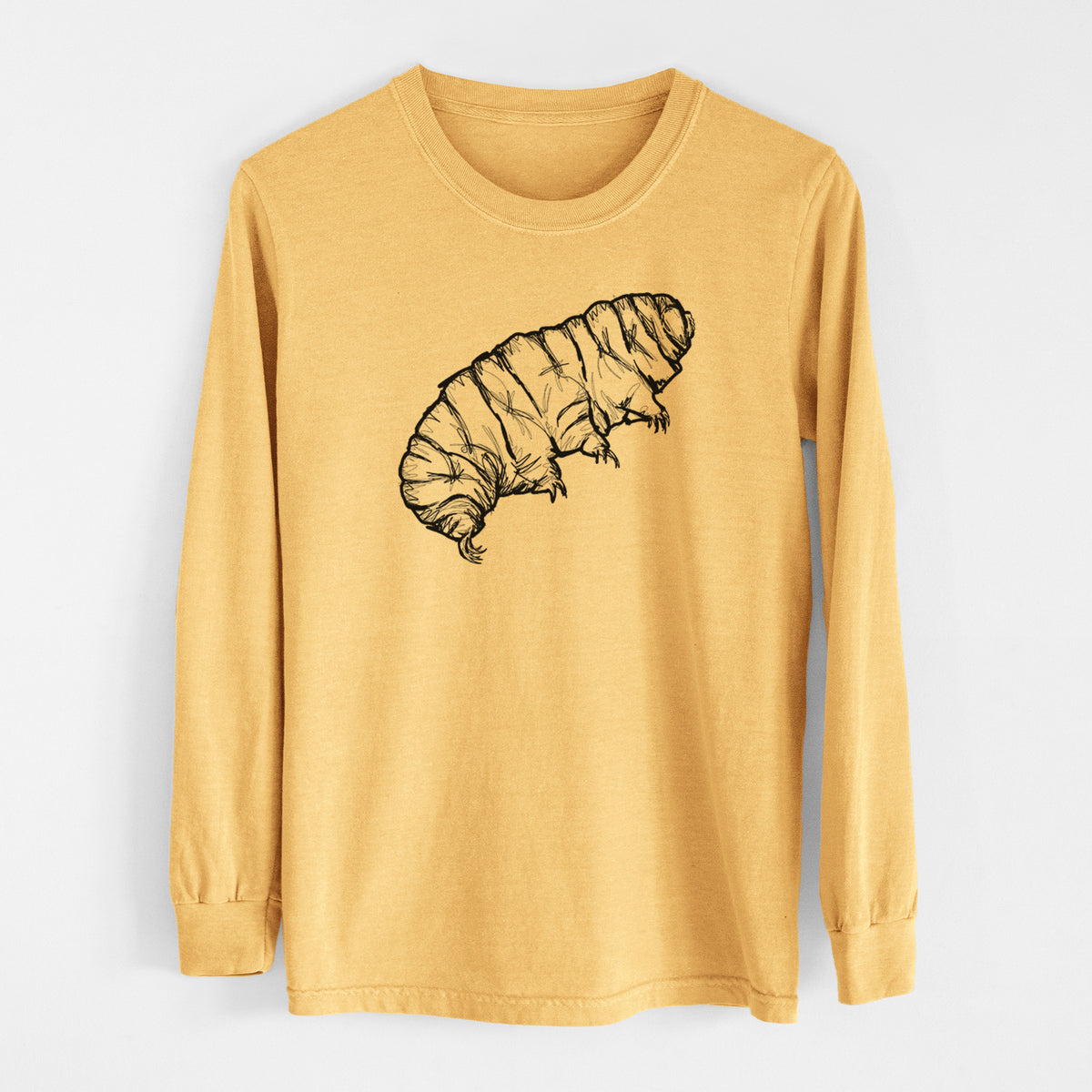 Golden wheat yellow Comfort Colors long sleeve shirt laid flat, printed with a detailed black ink illustration of a tardigrade, or water bear.