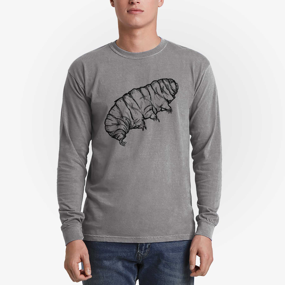 Man wearing a grey Comfort Colors long sleeve shirt printed with a detailed black ink illustration of a tardigrade, or water bear.