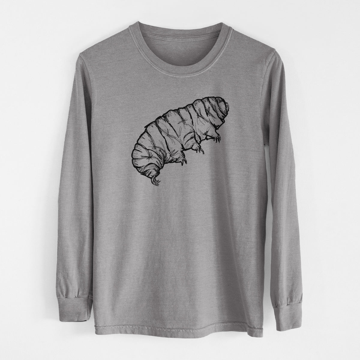 Grey Comfort Colors long sleeve shirt laid flat, printed with a detailed black ink illustration of a tardigrade, or water bear.