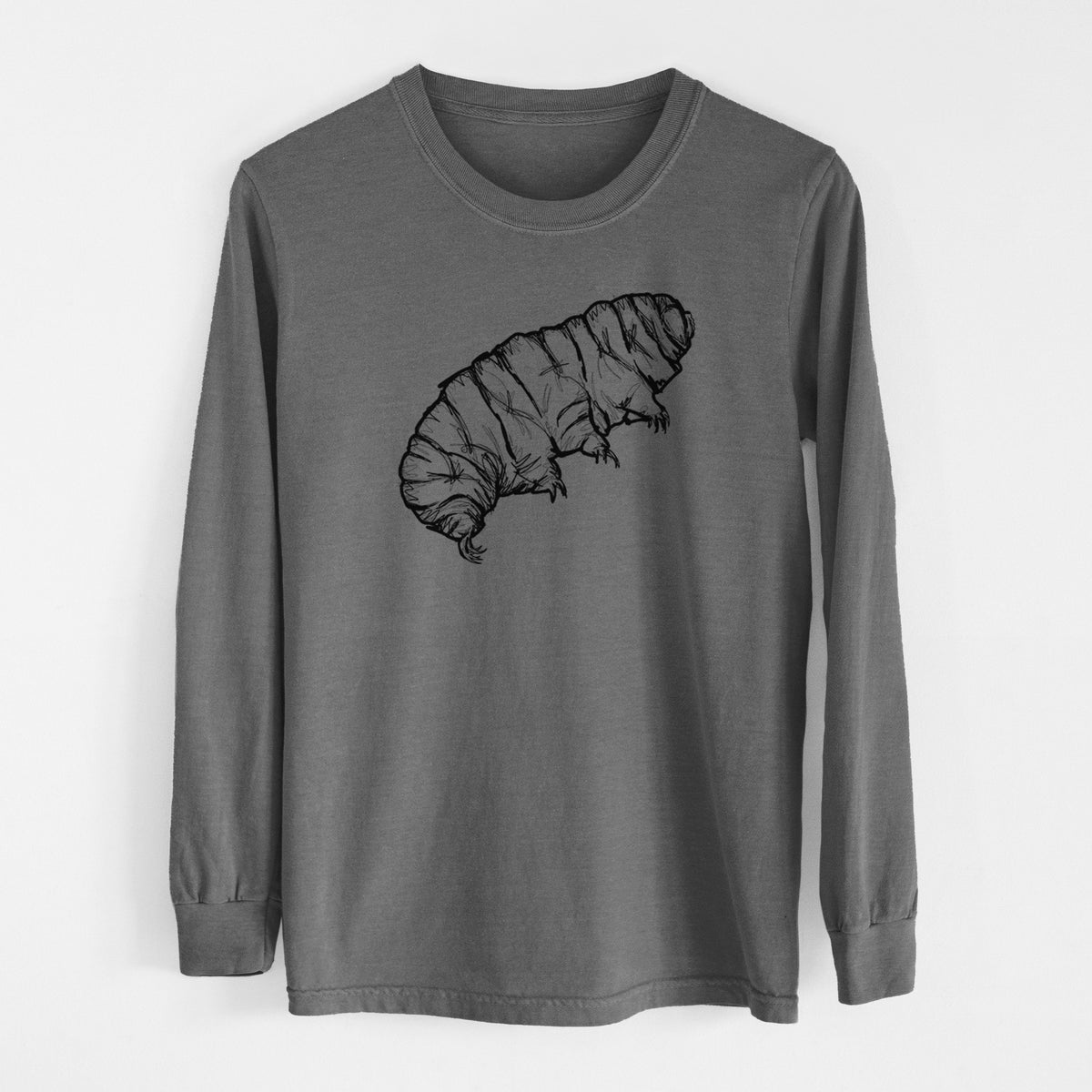 Pepper Comfort Colors long sleeve shirt laid flat, printed with a detailed black ink illustration of a tardigrade, or water bear.