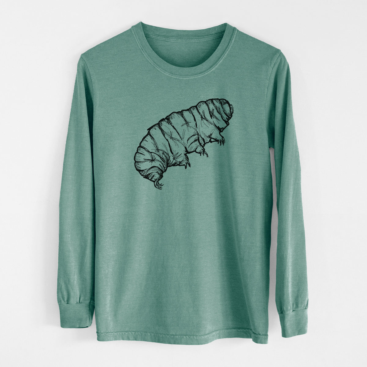 Pine green Comfort Colors long sleeve shirt laid flat, printed with a detailed black ink illustration of a tardigrade, or water bear.
